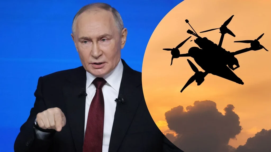 Володимир Путін і силует безпілотника на тлі заходу сонця