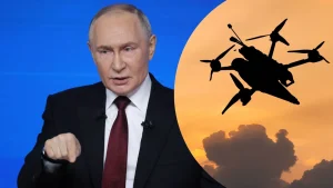 Володимир Путін і силует безпілотника на тлі заходу сонця
