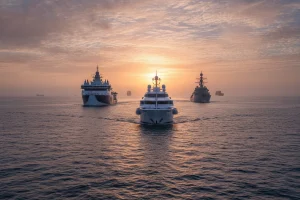 Яхта Graceful Путіна з конвоєм військових кораблів у морі
