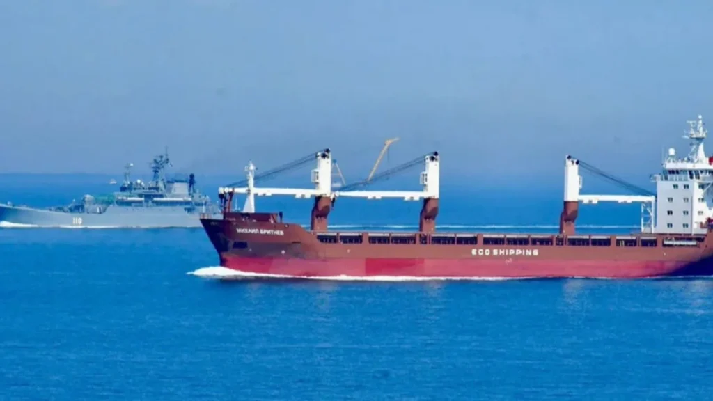 Вантажне судно ECO SHIPPING у Керченській протоці поряд із військовим кораблем