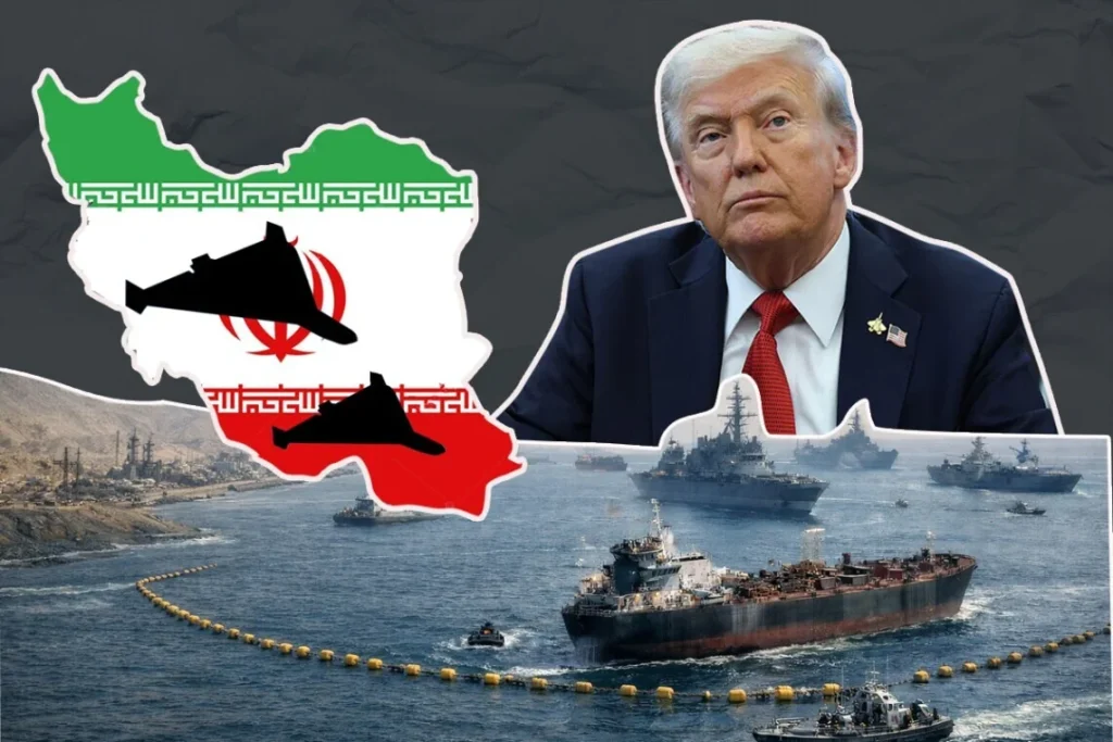 Трамп на тлі карти Ірану та військових кораблів в Ормузькій протоці
