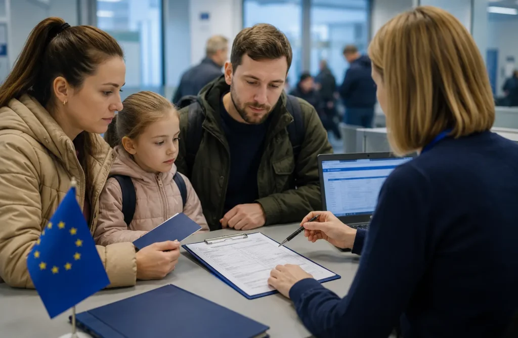 Українська сімя подає документи на тимчасовий захист у ЄС до представника