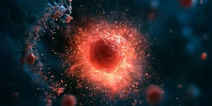 Сяюча червона клітина вибухає з розлітанням частинок на темно-синьому тлі