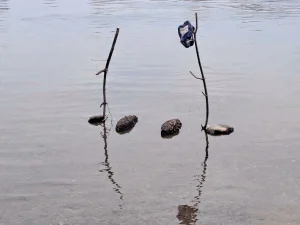 Палки с камнями и синий пакет в мелкой воде с отражениями